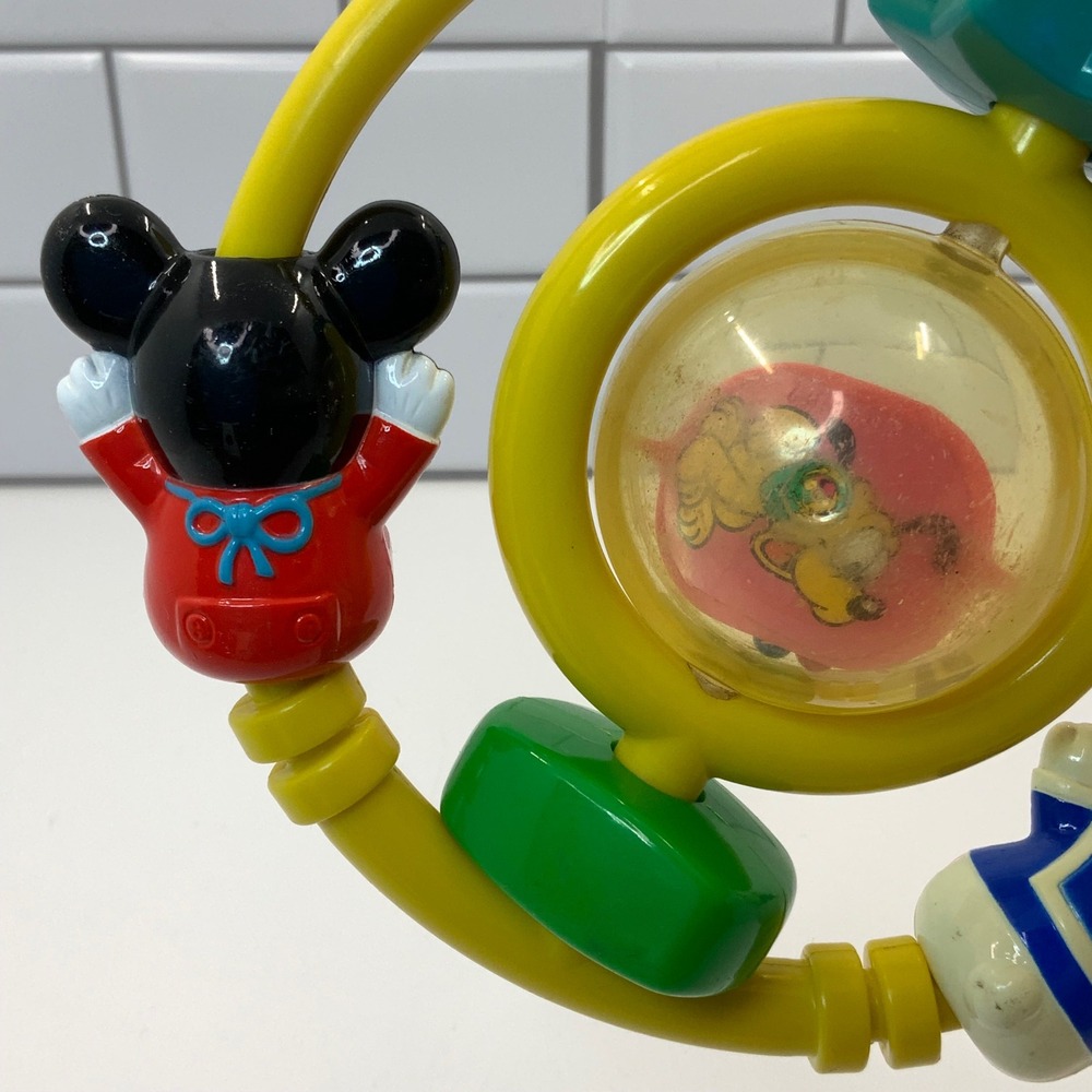 Vintage 1986 Disney Mickey Mouse Donald Duck Pluto Baby Rattle Yellow Ring Toy - Picture 6 of 7